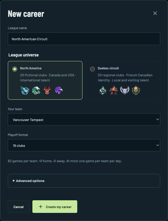 WebPuck new career form with league universe, team and playoff choices