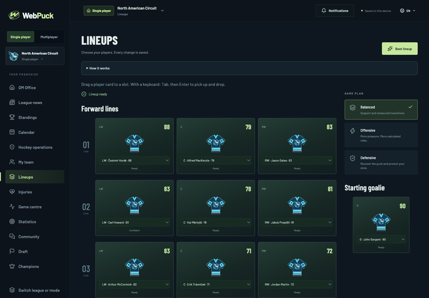 WebPuck hockey GM lineup screen with forward lines, game plan and starting goalie